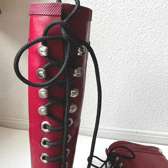 Ilse Jacobsen Hornbaek Tall Lace Up Red Rubber Boots Women’s 37 US 7 Handmade - Picture 10 of 12